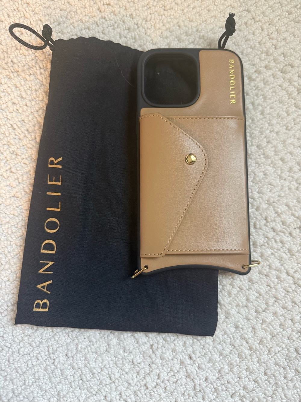 Bandolier Tan and Black Leather Phone Case with Card Pocket